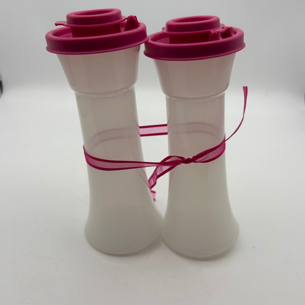 Tupperware Hourglass Salt and Pepper Shakers Set Frosted White Pink Lids 629-52